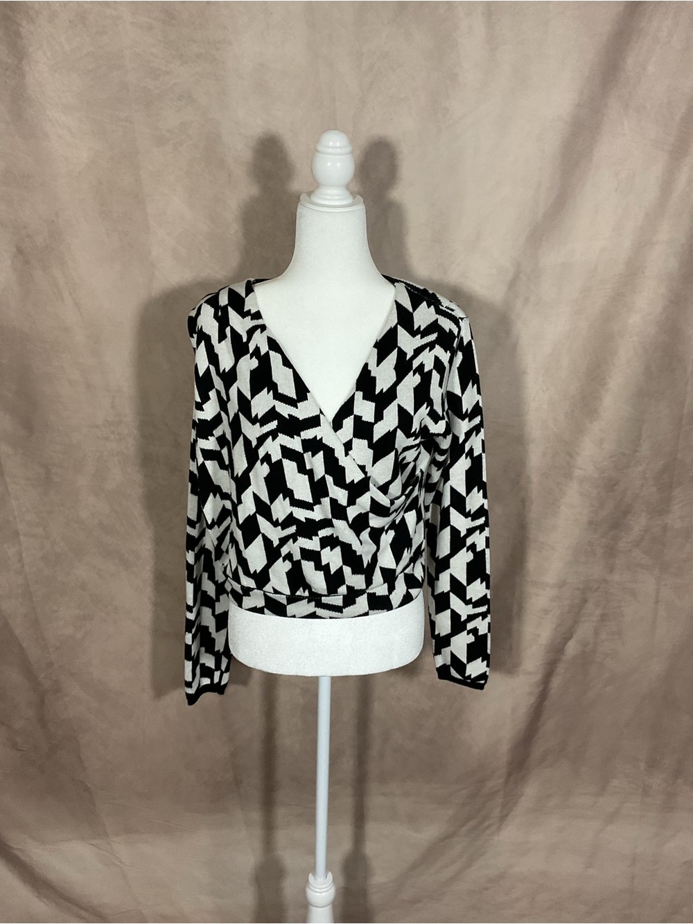 Wrap-Front Geometric Black & White Blouse